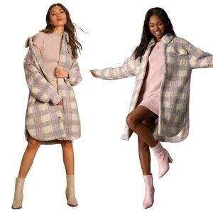 Lulus Winter Winds Plaid Fuzzy Teddy Shearling Jacket Beige Pink Coat Size XL